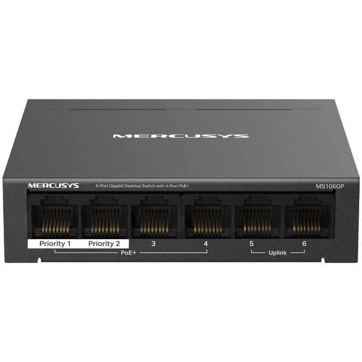 Mercusys Desktop PoE Switch, MS106GP, 6 Gigabit port, ebből 4 PoE port 65W, korlátozott PoE