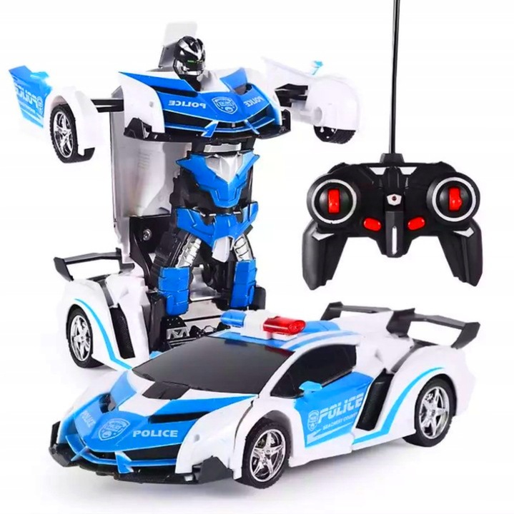Радиоуправляема кола, трансформираща се в робот LEAN Toys CO5TC94NNHWZA, 2в1, 2.4 GHz, Li-PO батерия 3.7V 350 mAh, USB зареждане, светлинни и звукови ефекти, бял/син, 23 x 9 x 6 см