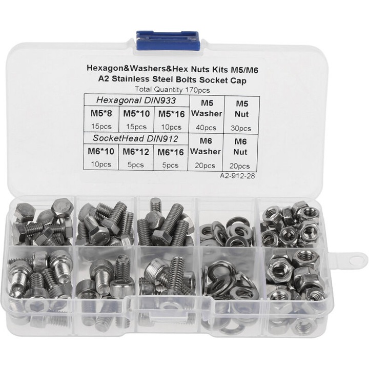 Set suruburi inox M5 M6 cu piulite si saibe, 170 piese