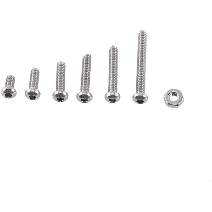 Set suruburi si piulite inox M2, 250 piese, cap cilindric, bombat si frezat, diverse lungimi