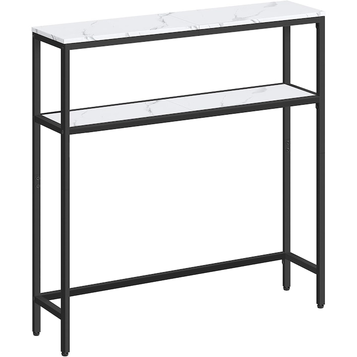 VASAGLE Consola cu 2 rafturi, cadru metalic, 80x20x80 cm, alb marmura/negru