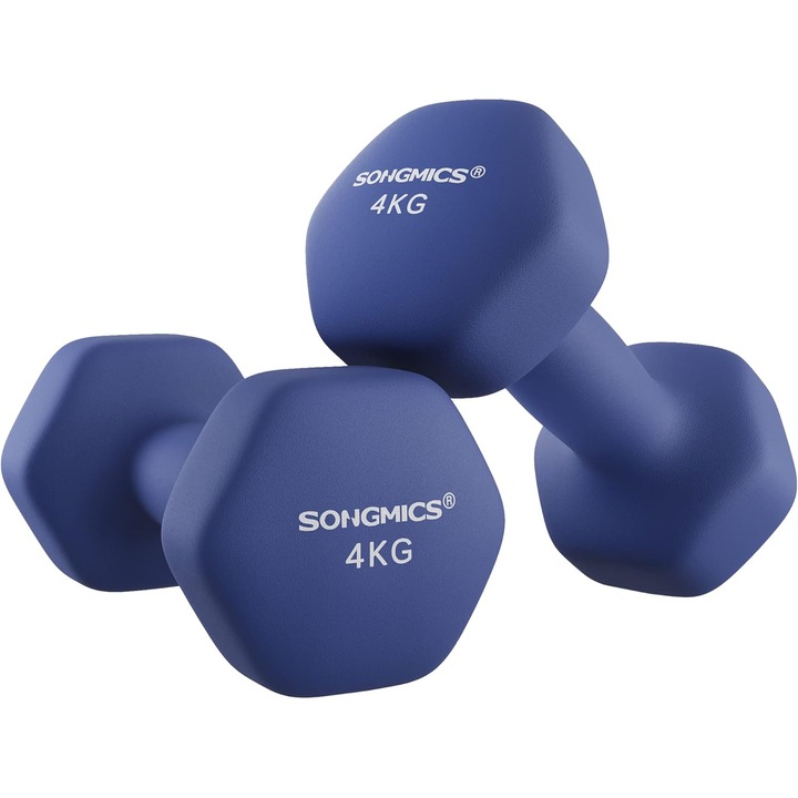 SONGMICS Set 2 gantere hexagonale fitness, acoperire neopren, maner ergonomic, 2 x 4 kg, 20x10 cm, albastru