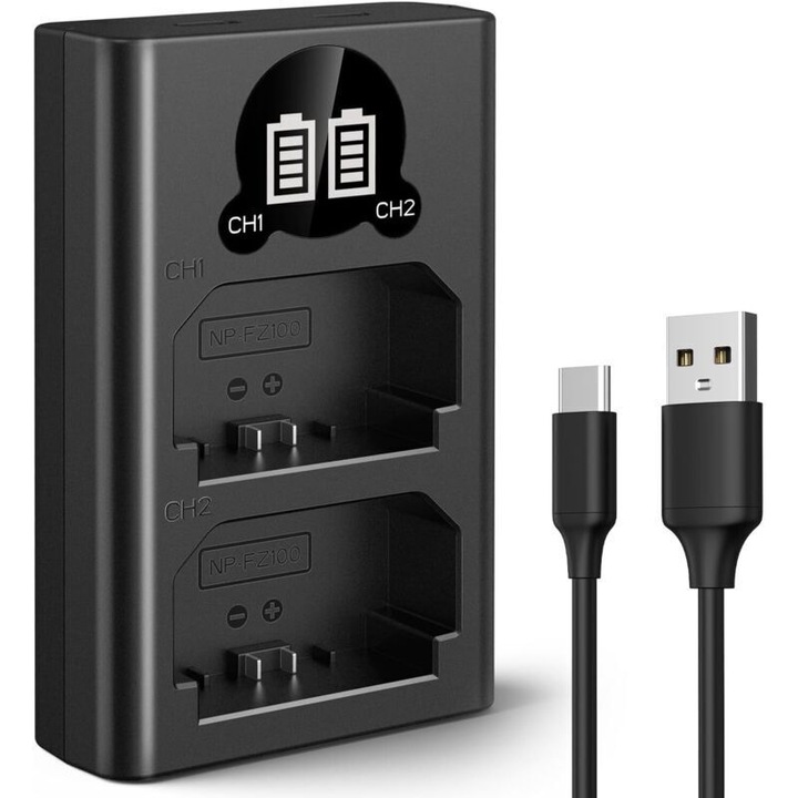 Incarcator dublu baterii NP-FZ100, ecran LCD, USB-C, Micro-USB