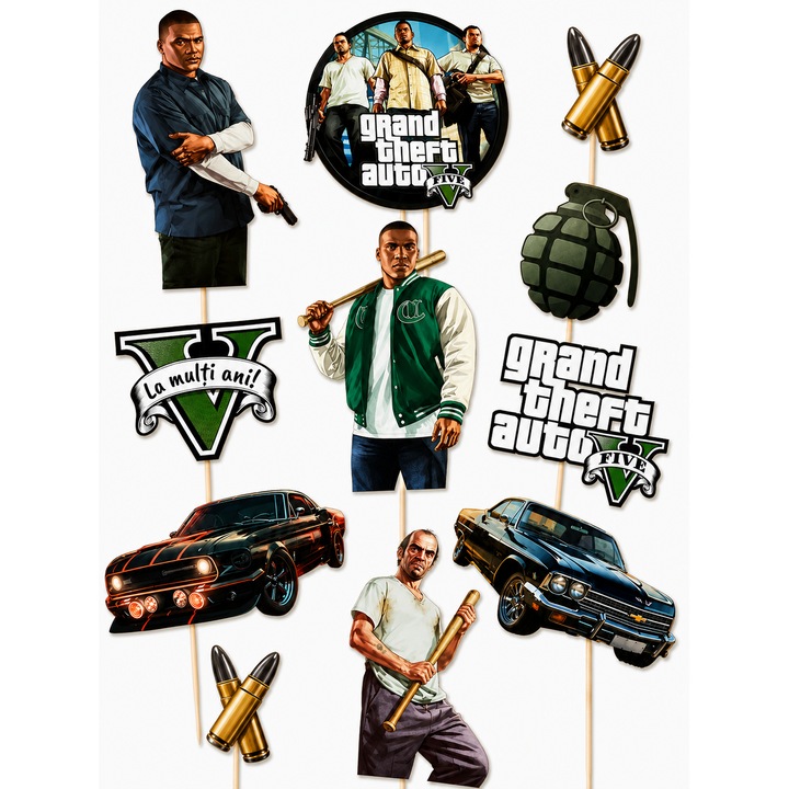 Set toppere tort GTA, DecoParty, 11 figurine, carton, suporti din lemn inclusi