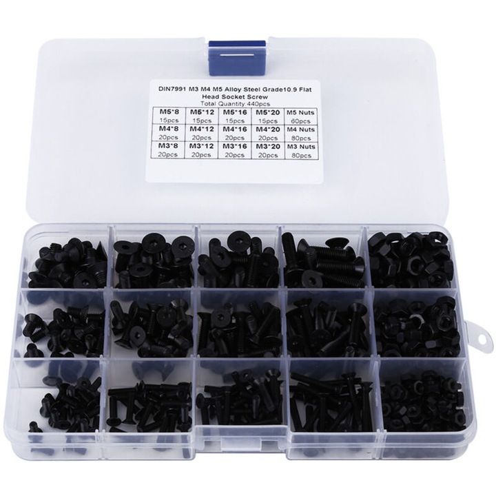 Set suruburi si piulite M3 M4 M5, otel aliat, negru, 17.5x10x2.3cm, 415 piese