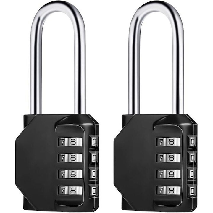 Set 2 bucati, Lacat cu combinatie resetabila 4 cifre/incuietoare, aliaj de zinc antirugina, ansa lunga 6,7 cm, Negru, 11,6 x 4,3 x 2 cm