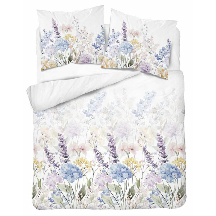 Set lenjerie de pat, Detexpol, Floral Harmony 5760 A, bumbac, alb cu flori multicolore, 180x200 cm, 3 piese