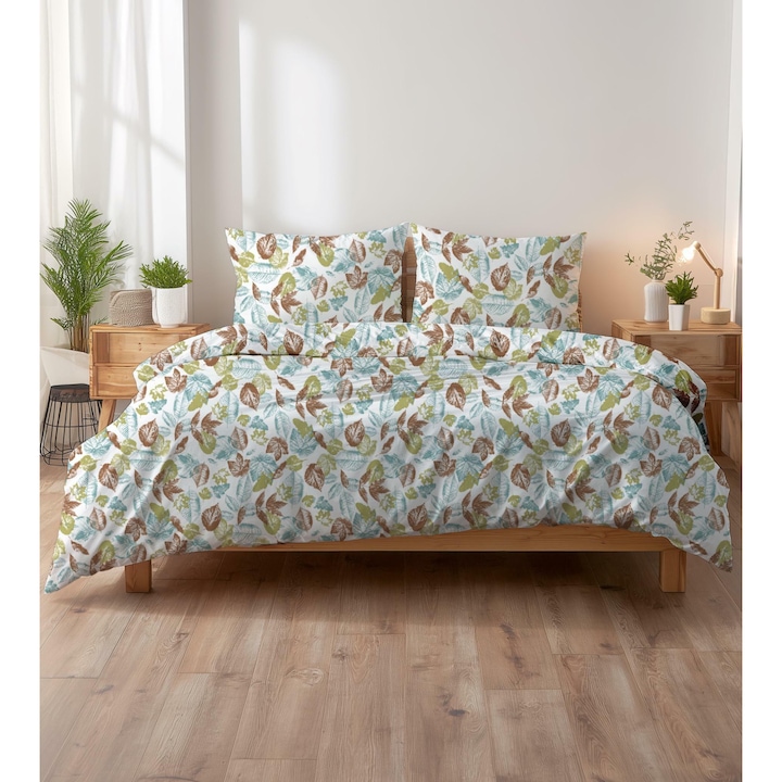 Set lenjerie de pat, Karo, 22221-2, bumbac creponat, frunze multicolore, 180x200 cm, 3 piese