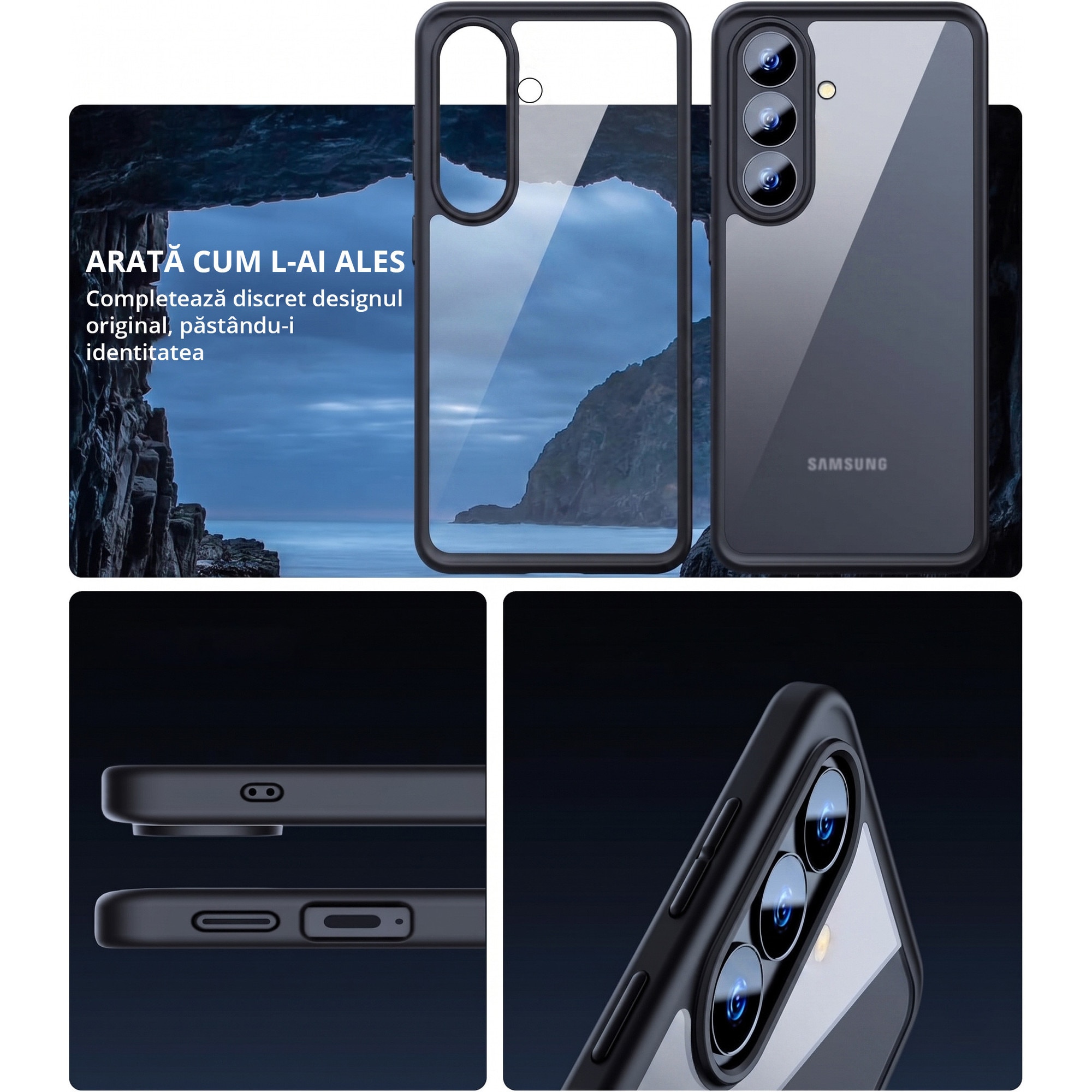 Husa antisoc pentru Samsung Galaxy S26 PLUS, transparenta, bumper negru, compatibila wireless charging