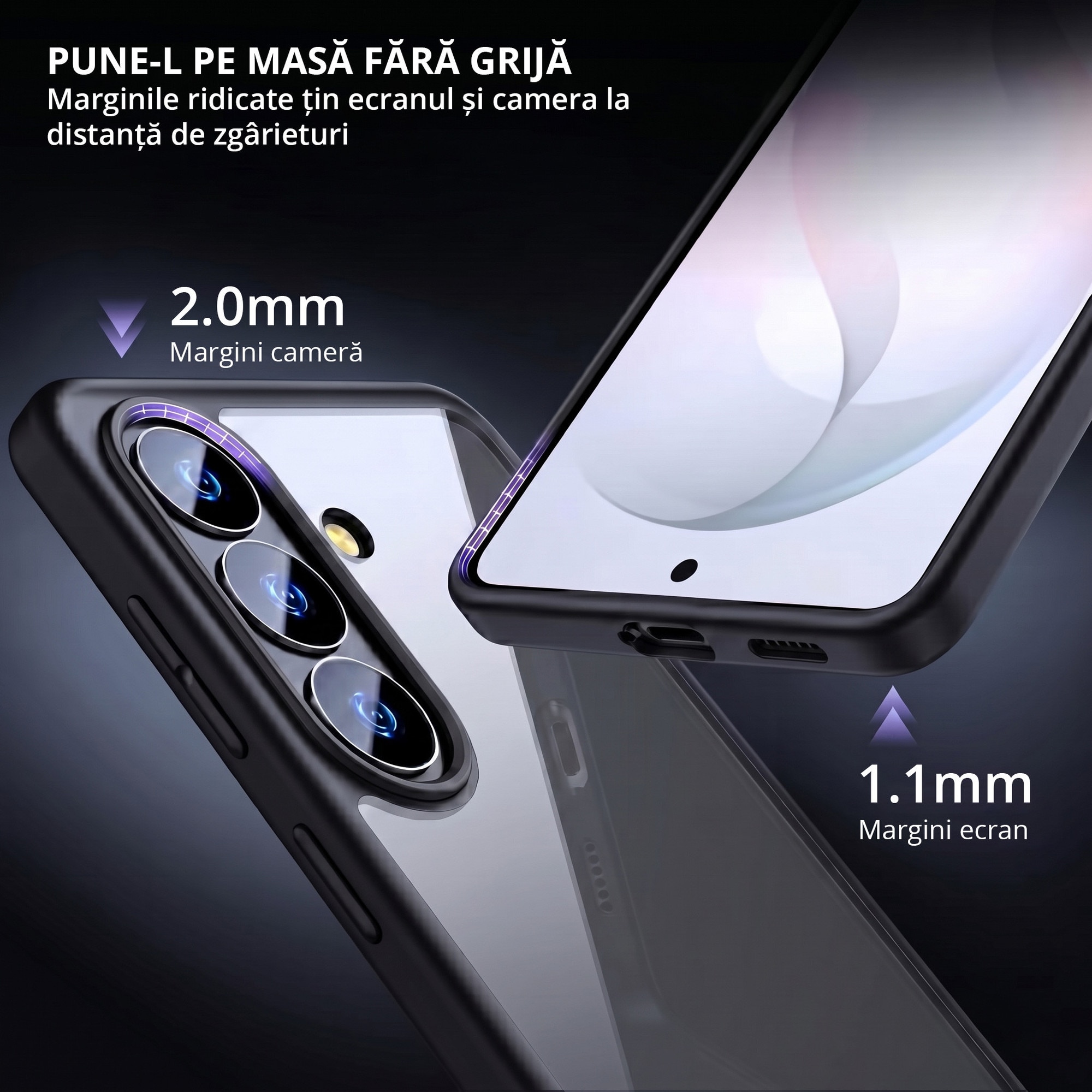 Husa antisoc pentru Samsung Galaxy S26 PLUS, transparenta, bumper negru, compatibila wireless charging