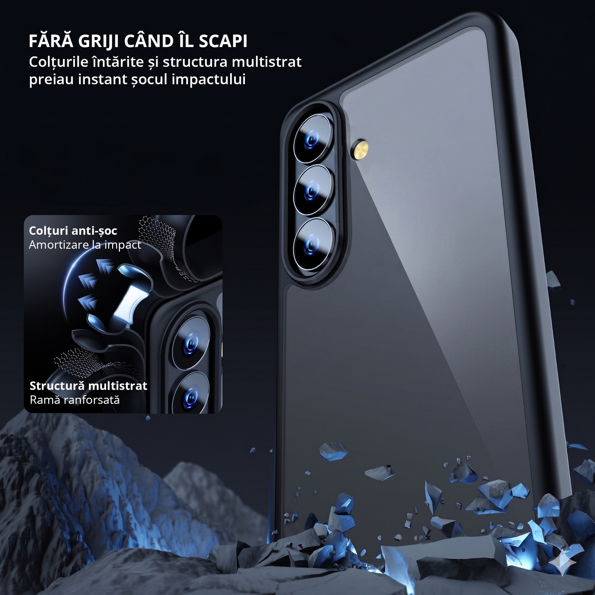 Husa antisoc pentru Samsung Galaxy S26 PLUS, transparenta, bumper negru, compatibila wireless charging