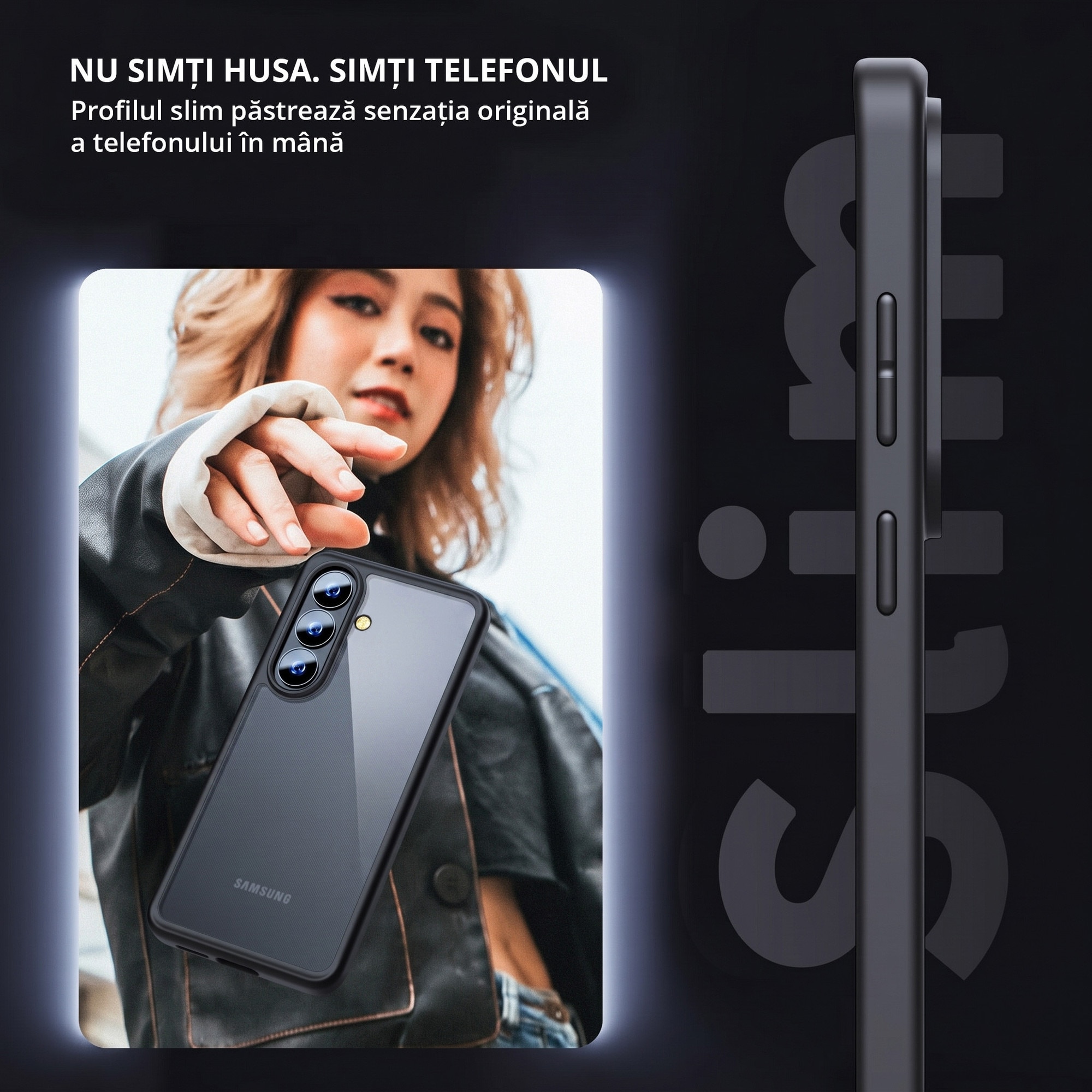 Husa antisoc pentru Samsung Galaxy S26 PLUS, transparenta, bumper negru, compatibila wireless charging