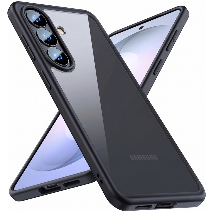 Husa antisoc pentru Samsung Galaxy S26 PLUS, transparenta, bumper negru, compatibila wireless charging