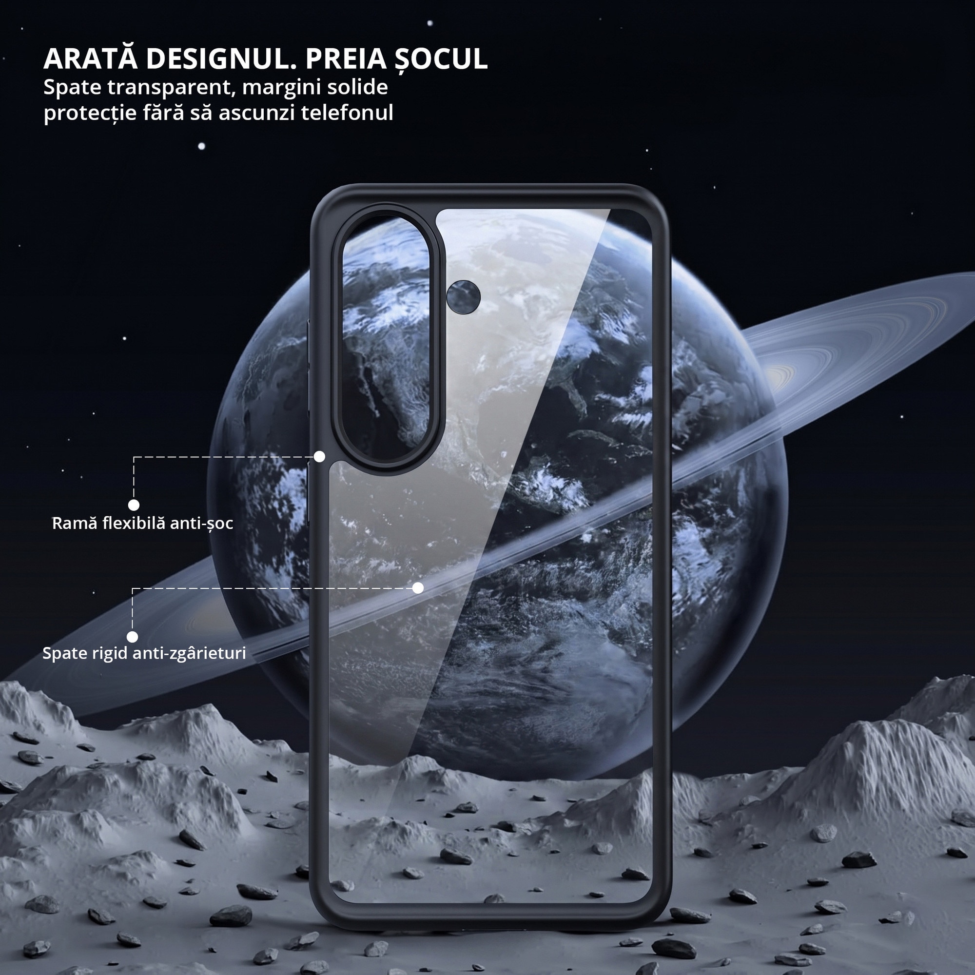 Husa antisoc pentru Samsung Galaxy S26 PLUS, transparenta, bumper negru, compatibila wireless charging