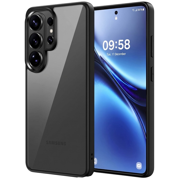 Husa antisoc pentru Samsung Galaxy S26 ULTRA, transparenta, bumper negru, compatibila wireless charging