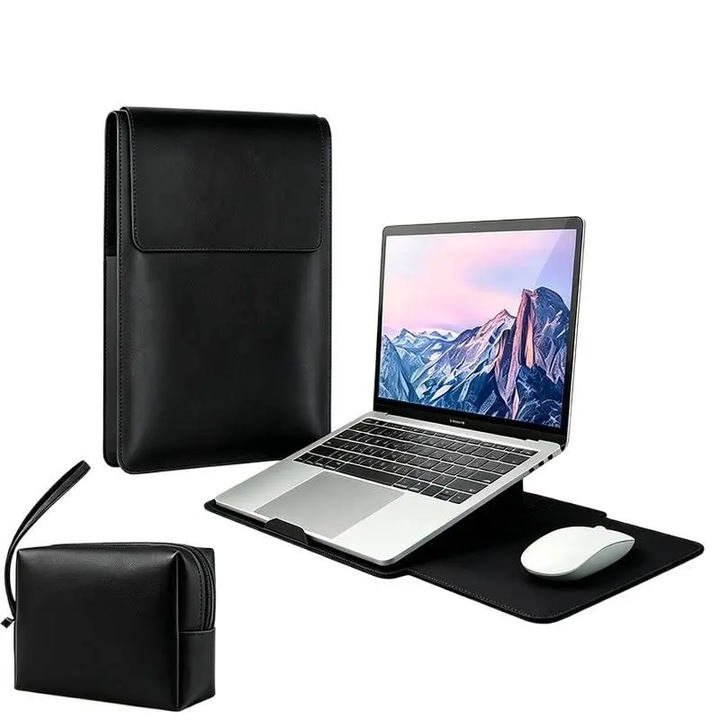 Husa Laptop 13-14 inch, MXANXOT, Piele Ecologica, Negru, 25x34cm, 4 in 1