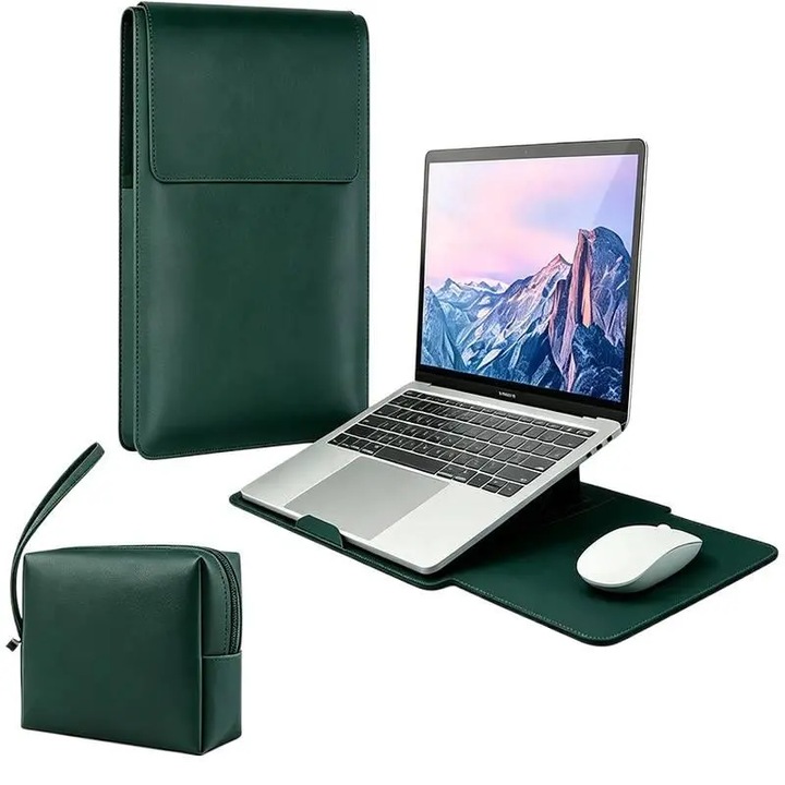 Husa Laptop 13-14 inch, MXANXOT, Piele Ecologica, Rezistenta la Apa, Verde, 25x34cm