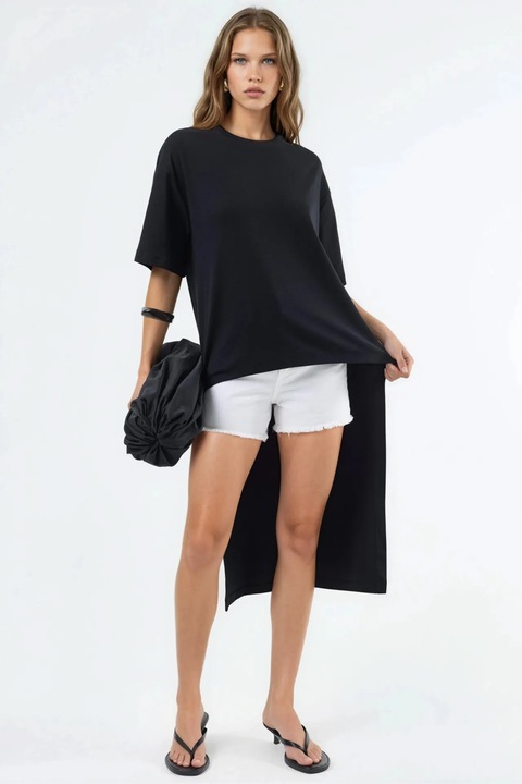 Bluza dama, Busem, tunica supradimensionata, maneci scurte, negru, bumbac cu elastan