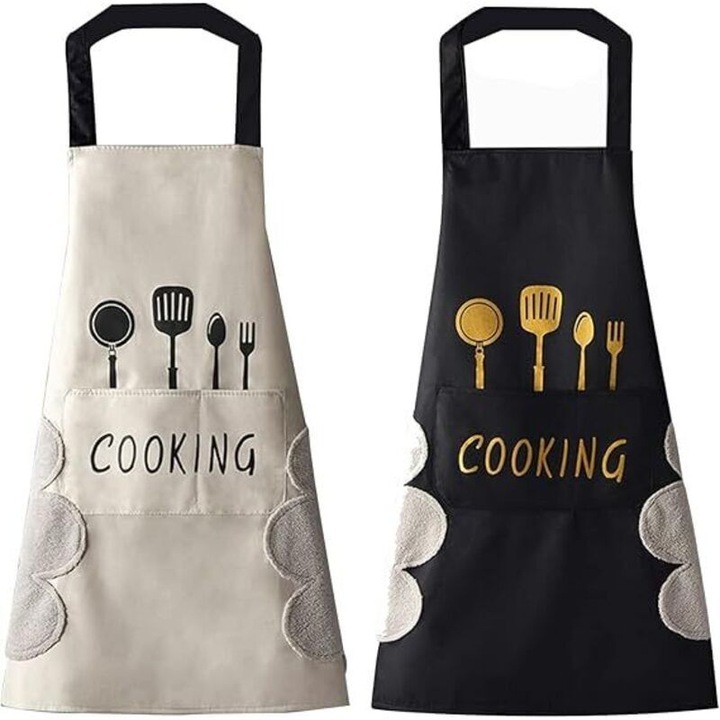 Set sorturi bucatarie femei, 2 piese, catifea coral, alb-negru, 2 buzunare, impermeabil