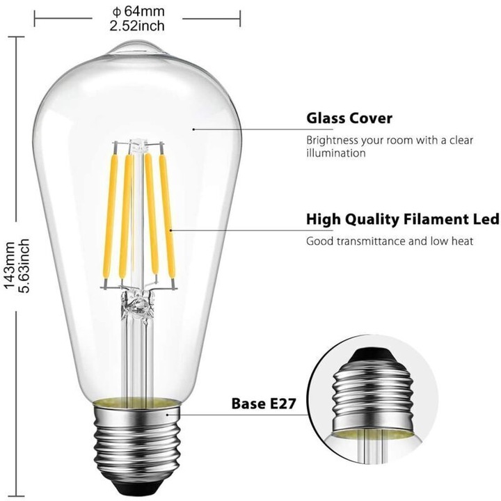 Bec LED filament Edison, LED lámpa 4W, 700 lm, E27 foglalat, átlátszó üveg, CRI>80, Meleg fehér 3000K, 6 darab