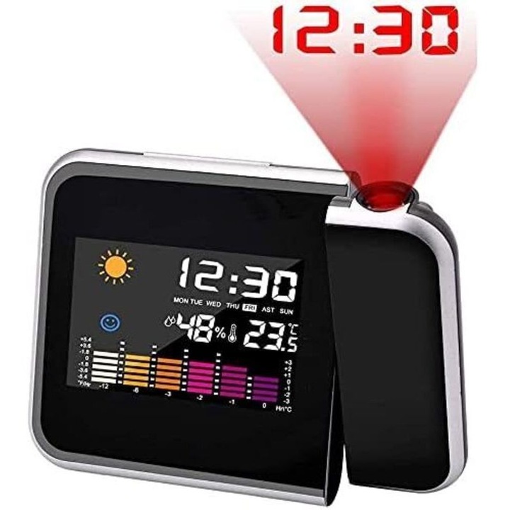 Ceas desteptator proiectie tavan multifunctional LED negru 12x7cm