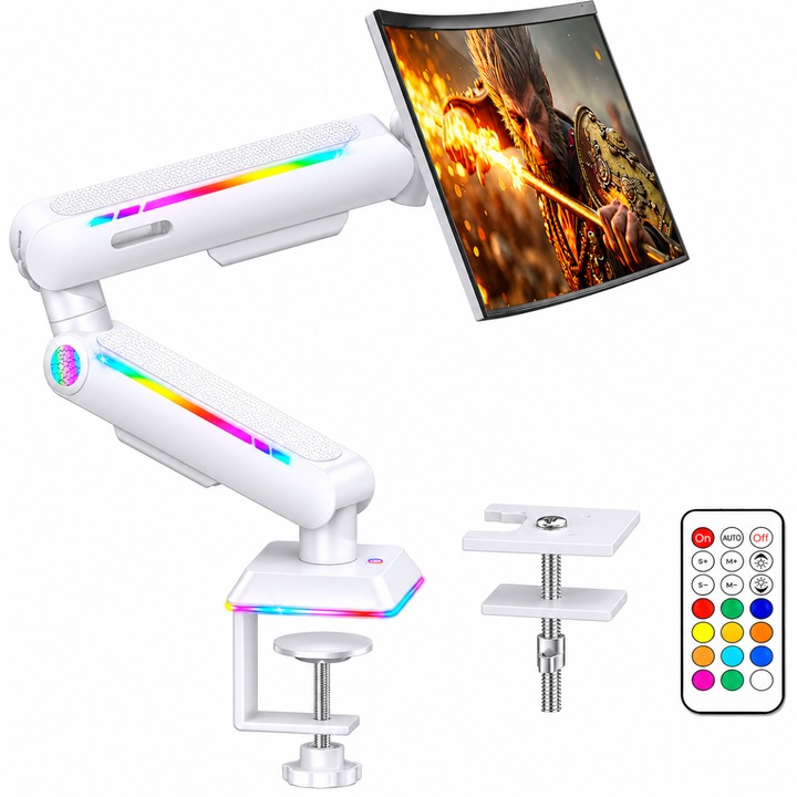 Гейминг стойка за монитор, За бюро, RGB, Многофункционална с регулируемо механично рамо, Скоба за закрепване, Съвместима с екрани от 13-32 инча, Органайзер за кабели, Закрепване с щипка/винт към плота, Регулиране на 360°, VESA 100x100/75x75