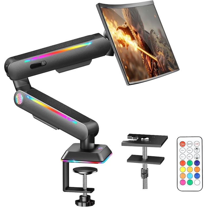 Гейминг стойка за монитор, RGB, За бюро, Регулируемо механично рамо, Скоба за закрепване, Съвместима с екрани от 13-32 инча, Органайзер за кабели, Закрепване с щипка/винт към плота, Регулиране на 360°, VESA 100x100/75x75