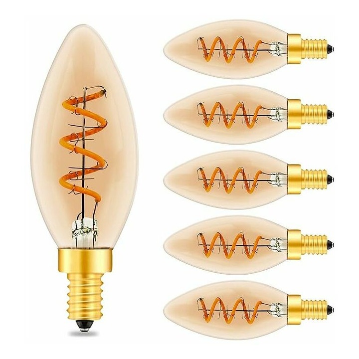 Bec LED vintage E14 cu filament spiralat C35, E14, reglabil, sticla chihlimbar, CRI95 ridicat, bec LED alb cald 2200K, inlocuieste becul Edison de 40W sau 25W. Pachet de 6