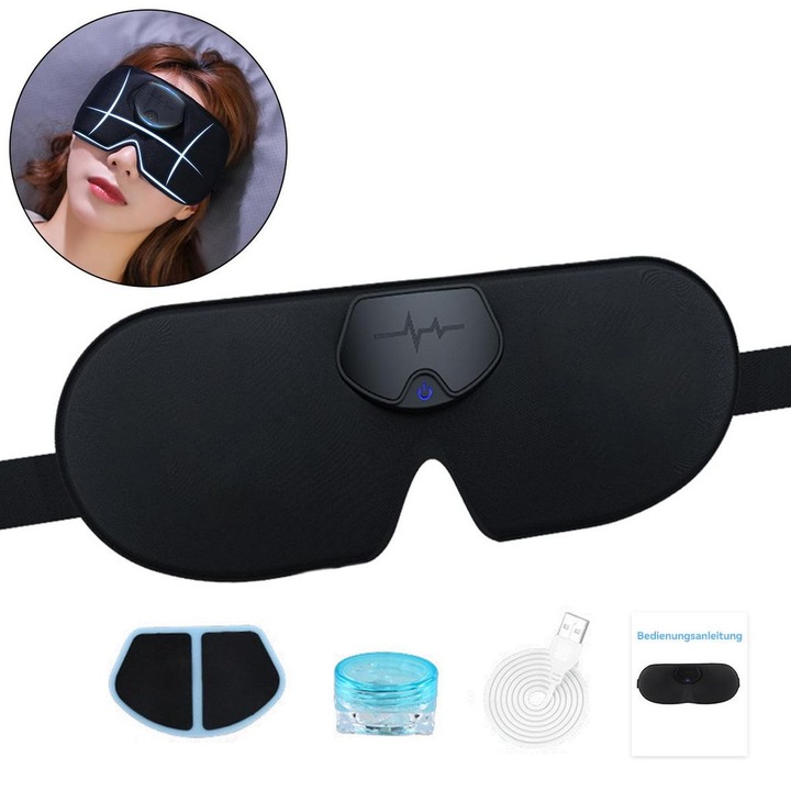 Masca de masaj ochi electrica 3D, 4 niveluri intensitate, negru, 360 blackout, cauciuc natural, USB reincarcabila