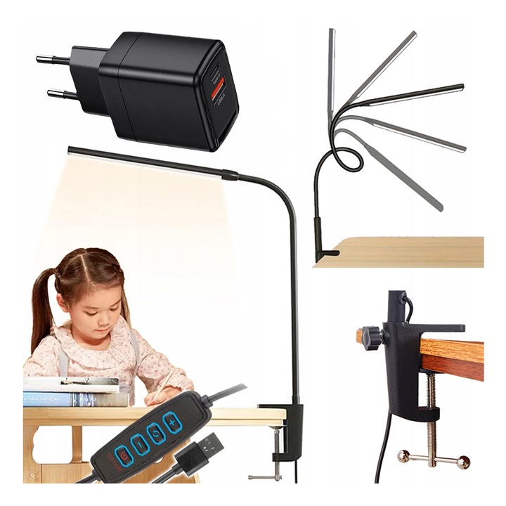 Комплект LED настолна лампа Pixel 10W черна 105см с 25W USB-A USB-C зарядно