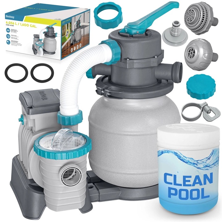 Pompa Filtrare Nisip Piscina Bestway, 6056 l/h, 230W, Debit Sistem 5300 l/h, 220-240V, Racord 32-38mm, Valva 6 Pozitii, Timer, Manometru, Pre-filtru Frunze, Tablete Chimice Chemochlor, Piscine 1100-42300 l, 11.6 kg, Gri