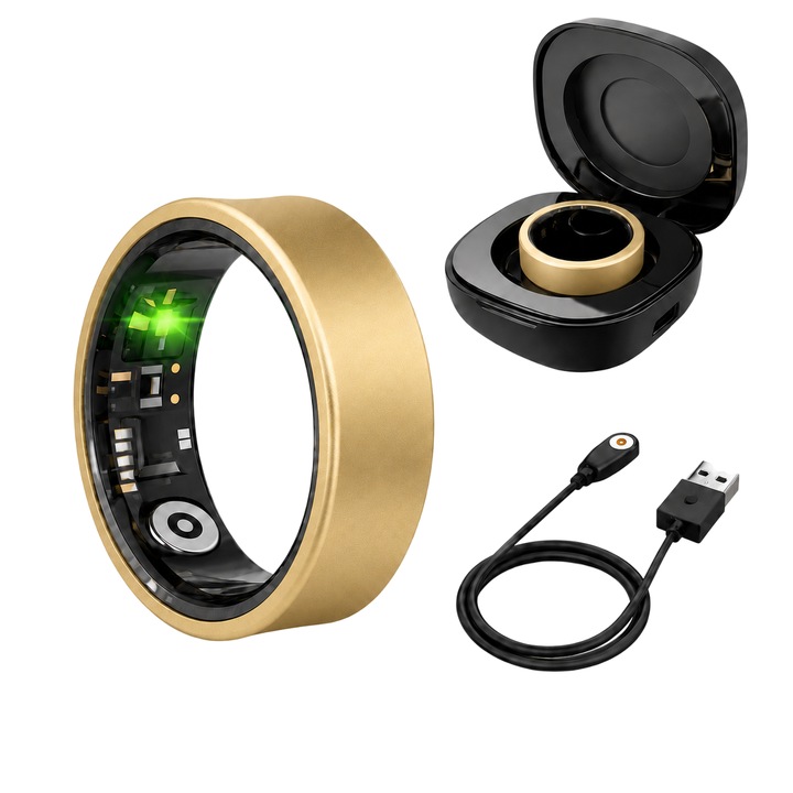 ViraProH K3 Premium Okosgyűrű, Egészség- és Fitneszmonitorozás, Alvás, Pulzusszám, Vér oxigénszint, AI elemzés, GPS, Stressz, Kalóriák, Vízállóság 5 ATM, Bluetooth 5.1, Titán, 10-es méret, Átmérő (20 mm) Uniszex, Matt Arany