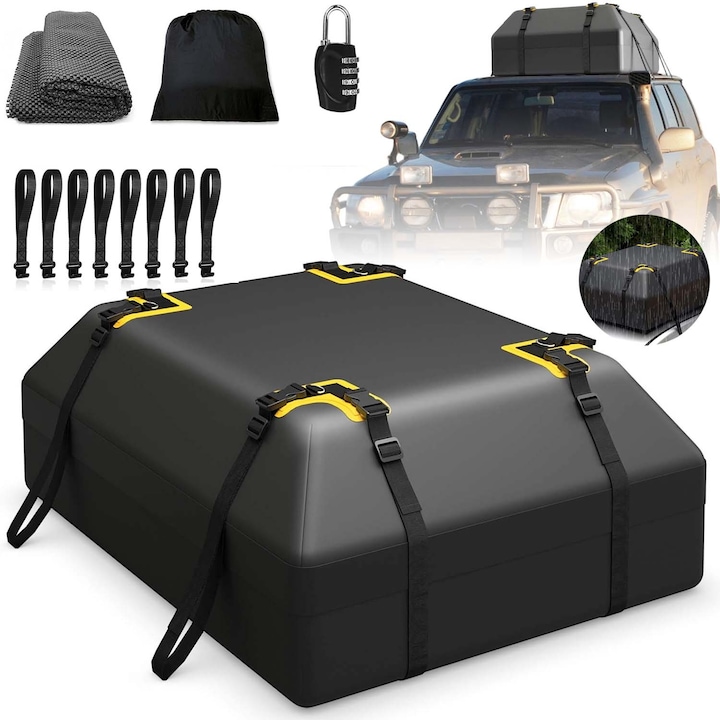 Portbagaj Auto Plafon, PVC, 420L, cu prindere ajustabila, Impermeabil, Pliabil, Incuietoare pentru bagaje, portabil, Echipat cu covorase si benzi antiderapante, pentru bagaje, portabil, Pentru orice dimensiune de masina sau SUV, 112 x 83 x 43 cm