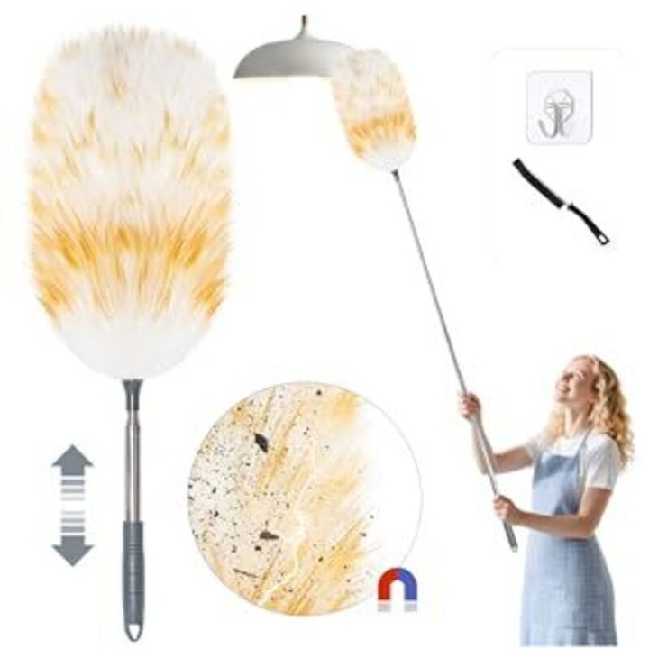 Plumeau telescopic lavabil din lana de miel, extensibil 130cm, electrostatic, pentru suprafete sensibile