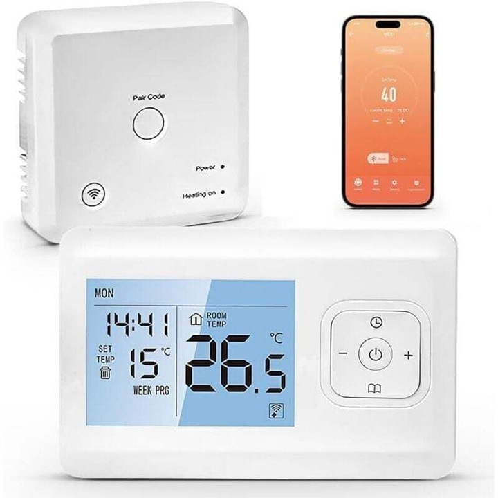 Termostat wireless programabil, control vocal, ecran LCD, alimentare baterie/USB