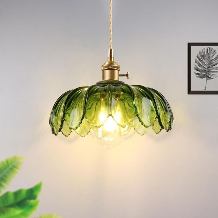 Candelabru vintage verde, sticla suflata manual, 25x15cm, cablu 150cm ajustabil