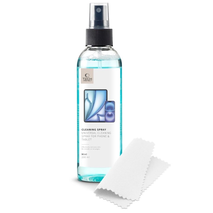 Разтвор за почистване на екрани Tech-Protect Cleaning Spray, Включена кърпа, Капацитет 200ml, Прозрачен