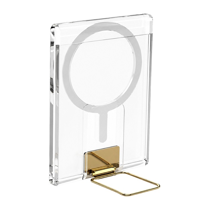 Магнитен портфейл, MagStand Aura, държач за карти, съвместим с MagSafe, сгъваема стойка вертикално и хоризонтално, силно захващане, тънък дизайн, златисто покритие, прозрачен