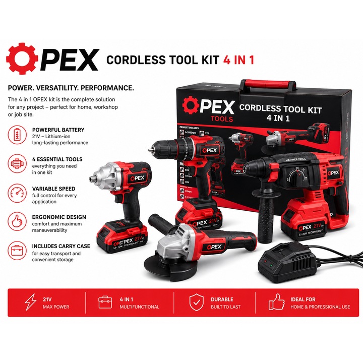 Set 4 Piese cu 2 Acumulatori 21v/5ah Barste Bormasina Impact + Polizor unghiular + Autofiletanta cu percutie +Ciocan Rotopercutor