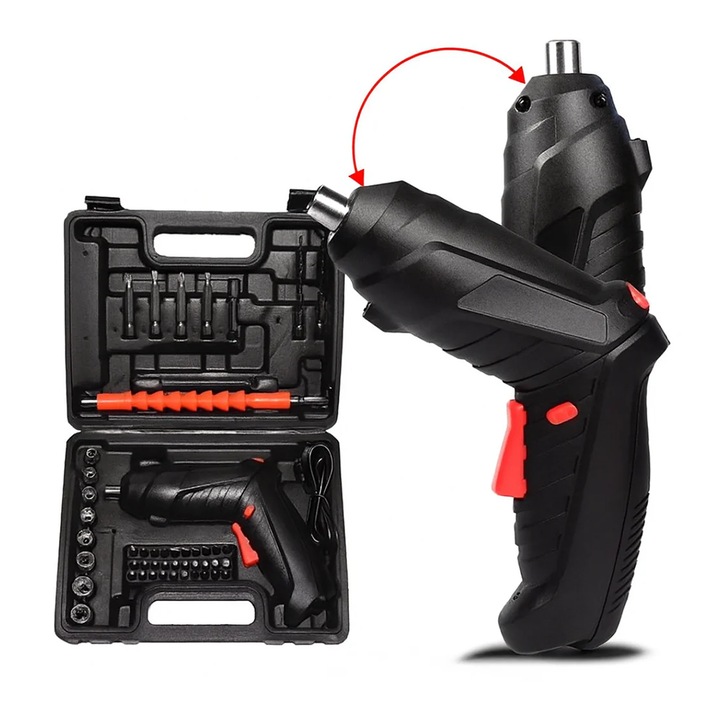 Surubelnita electrica / Mini bormasina cu acumulator Sosar, 3.6V, 250RPM, Cap rotativ, prelungitor flexibil, set biti si trusa, incarcare USB, Negru
