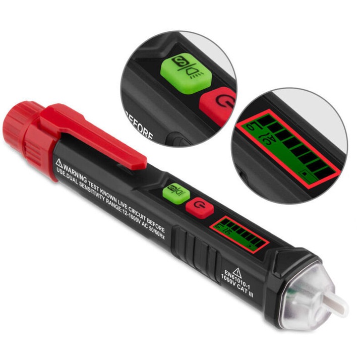 Detector tensiune fara contact, dubla sensibilitate, ecran LCD, alarma sonora, lanterna, 12-1000V