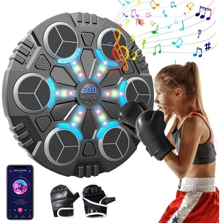 Aparat box muzical perete, 3 viteze, LED, manusi box, multicolor