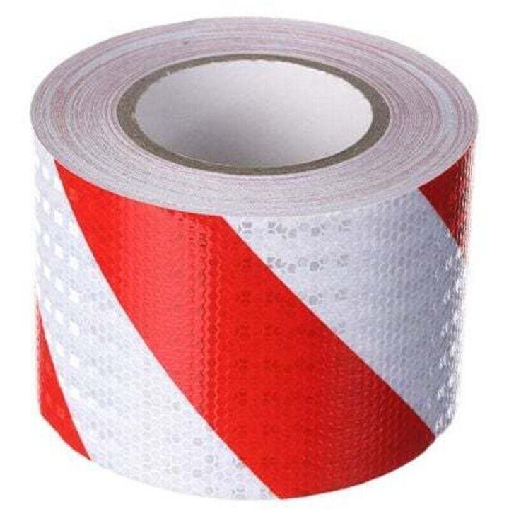 Fényvisszaverő szalag / jelzőszalag, kristály fényvisszaverő fóliával, öntapadós PVC, piros/fehér, 10 cm x 25 m
