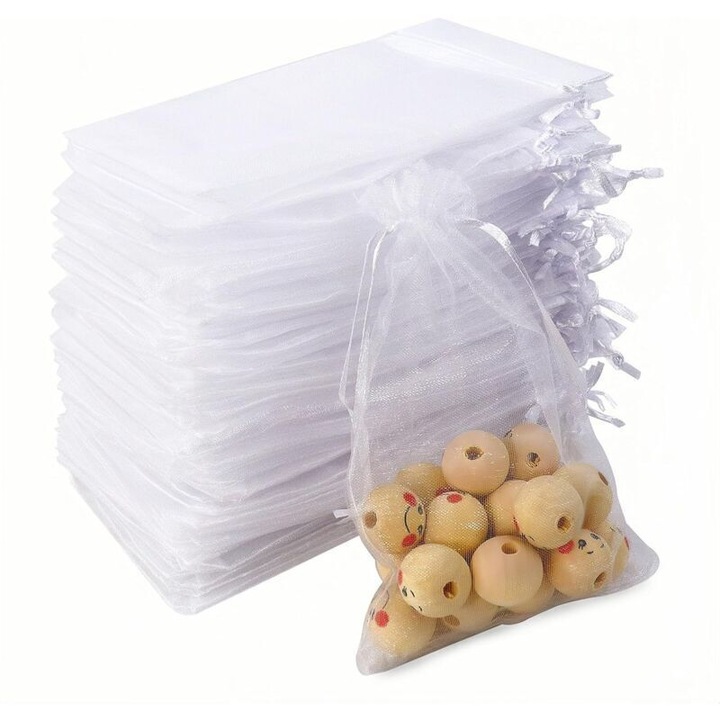 Set 100 saculeti organza alb, 10x15cm, cu snur, pentru bijuterii si cadouri