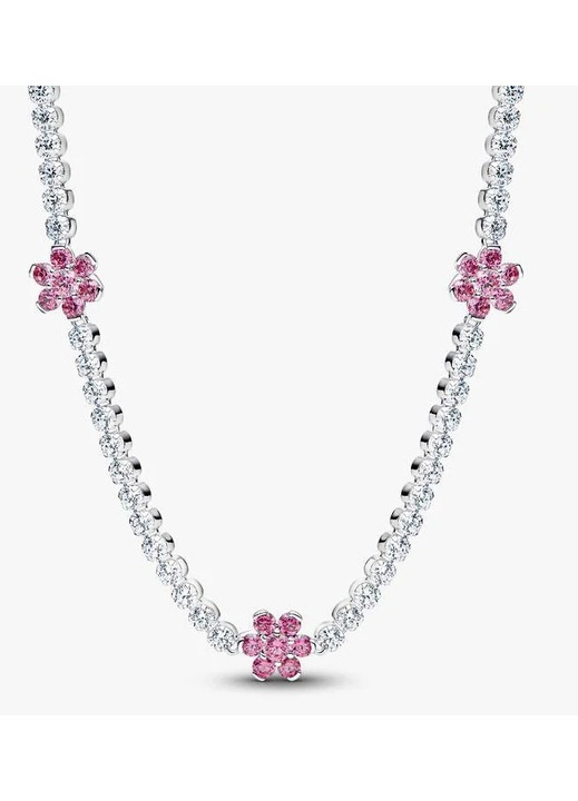 Colier Pandora tip tenis Zirconiu cu flori Roz - Argint 925