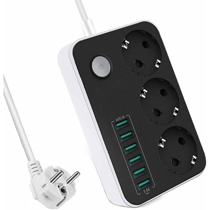 Multipriza/Prelungitor cu 6 prize si 6 porturi USB, 2500 W, USB 17 W 3,4 A, protectie la suprasarcina si supratensiuni, negru/alb, cablu 1,6 m