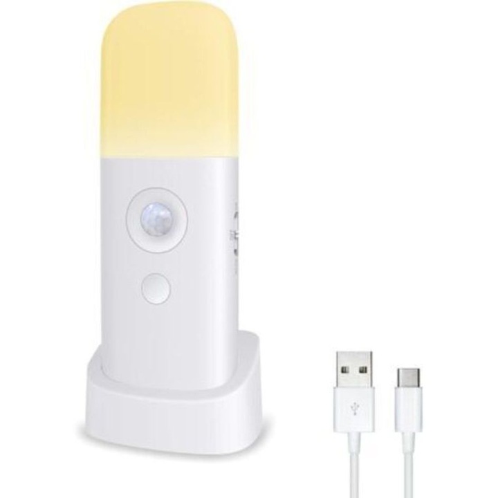 Veioza LED reincarcabila, senzor miscare, 5 niveluri luminozitate, lumina calda, 2000mAh