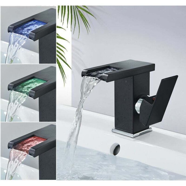 Mosdó/fürdőszoba csaptelep, modern vízesés dizájnnal, beépített többszínű LED, egykaros meleg/hideg víz szabályozás, tartós fém test, szivárgásmentes kerámia betét, Fekete, 1 db
