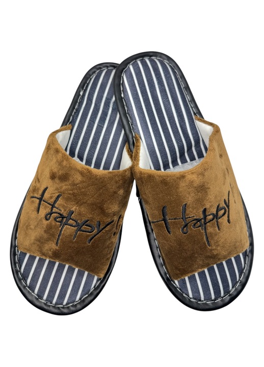 Papuci de casa decupati unisex, Tecos®, design modern, talpa comoda si respirabila, imprimeu HAPPY, Maro, 42-43