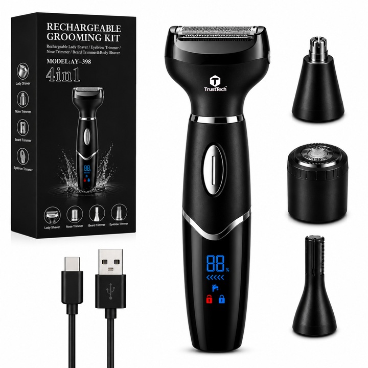 Aparat de Ras Electric TrustTech Femei, Epilator Corporal Umed / Uscat, 5 tipuri de Lame detasabile, waterproof IPX 7, Trimmer Reincarcabil USB, Aparat ras Dama/ Barbati, 600mAh, 90min autonomie, Epilare Maini, Picioare, Axile, Zona Intima, NEGRU